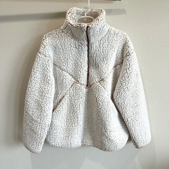 Playing for Keeps Jackets & Blazers - Playing for Keep White & Pink Faux Sherpa Fleece Half Zip Pullover Jacket